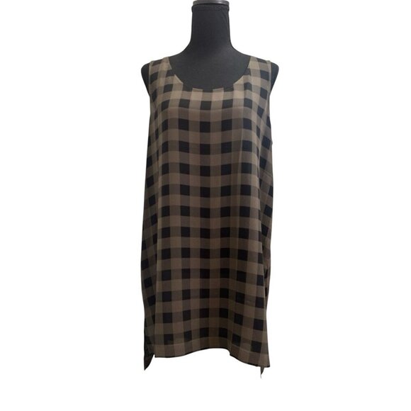 Eileen Fisher Scoop Neck Tunic in Grn/blk Buffalo Check Plaid Silk Top Size XL - Picture 1 of 8